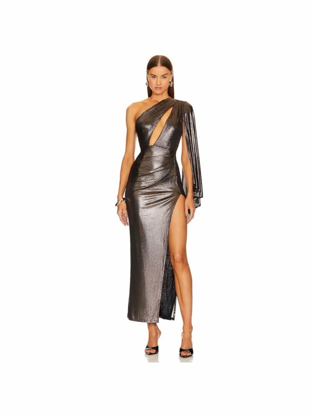 Michael Costello Metallic Gunmetal One-Shoulder Maxi Dress